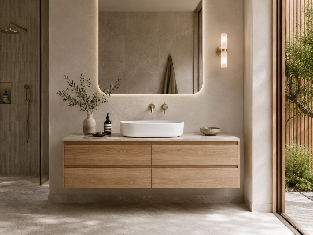 DUHAUS bathroom vanity with wall-hung cabinet, vessel basin and coordinated tapware