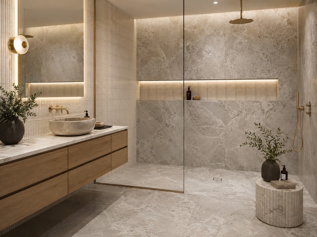 DUHAUS bathroom wall and floor tiles with stone finishes and fluted surfaces