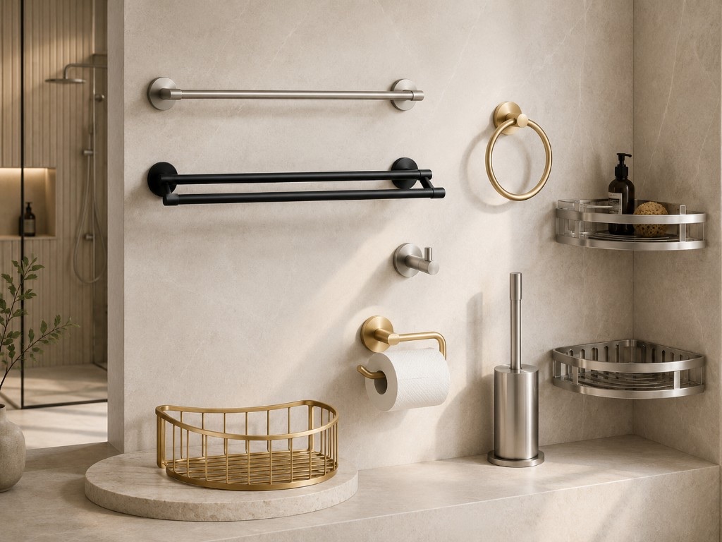 DUHAUS bathroom hardware including towel rails, hooks and shower shelves