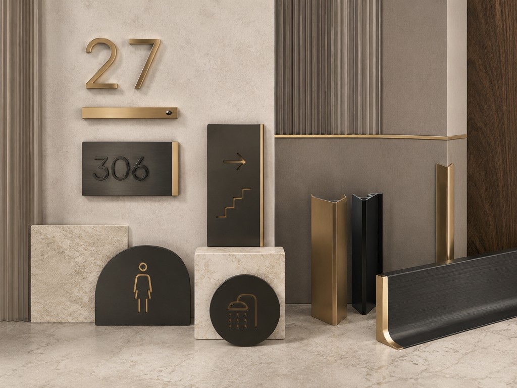 DUHAUS signage and decorative hardware including room numbers and metal trims