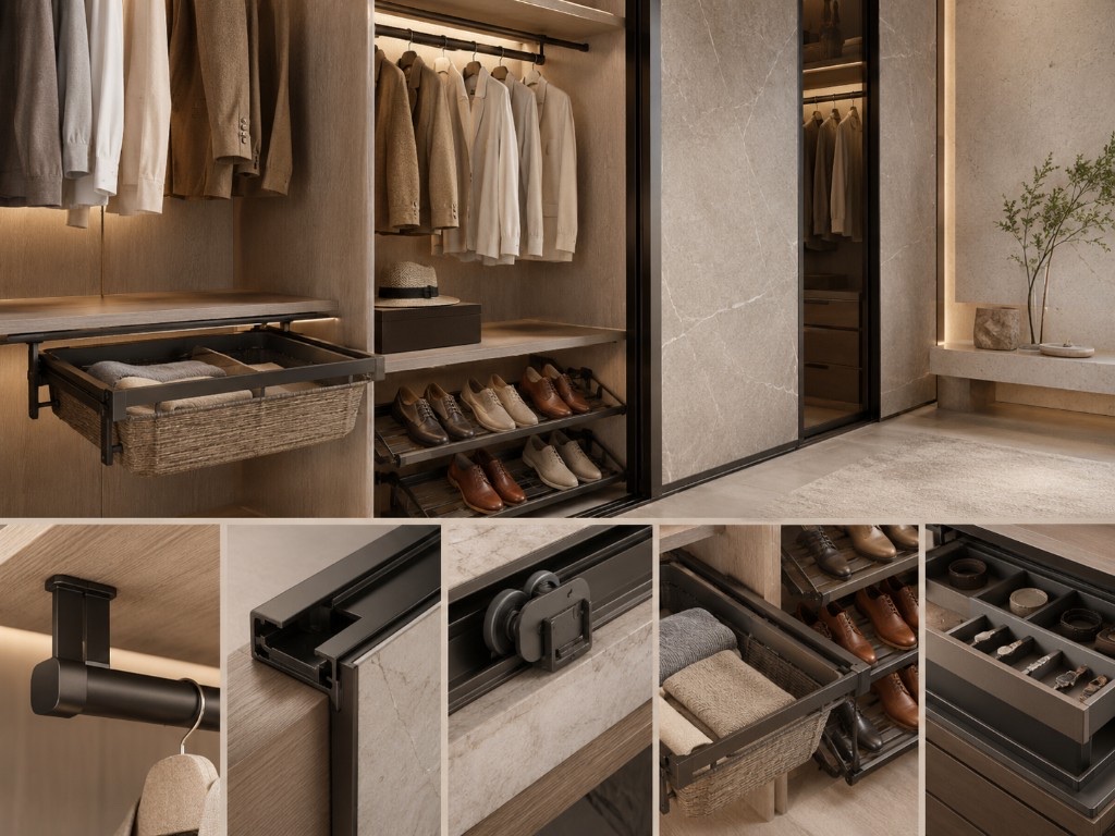 DUHAUS wardrobe hardware including rails, sliding tracks and storage systems