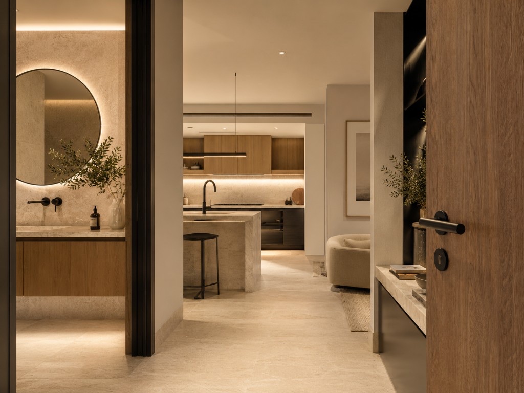 DUHAUS whole-home interior fit-out scene with hardware, bathroom and kitchen systems