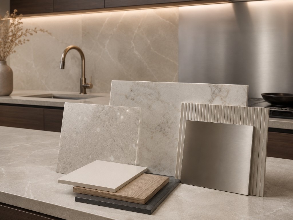 DUHAUS benchtop and splashback materials including stone, wood and metal finishes
