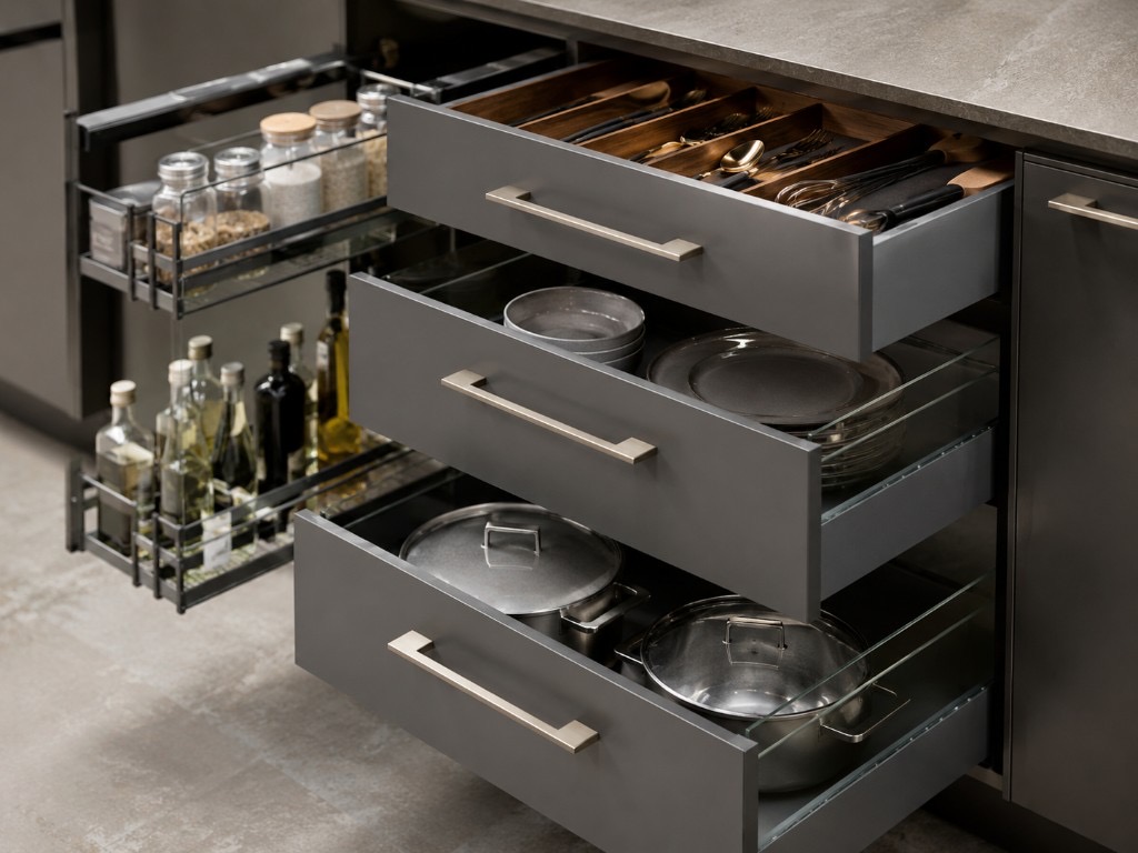 DUHAUS kitchen hardware including drawer slides, pull-out baskets and cabinet handles