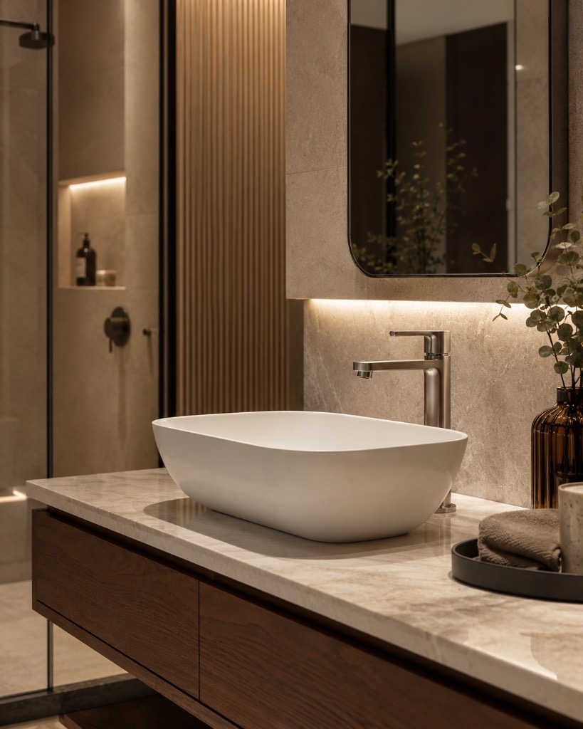 DUHAUS basin mixer lifestyle scene in a premium bathroom interior