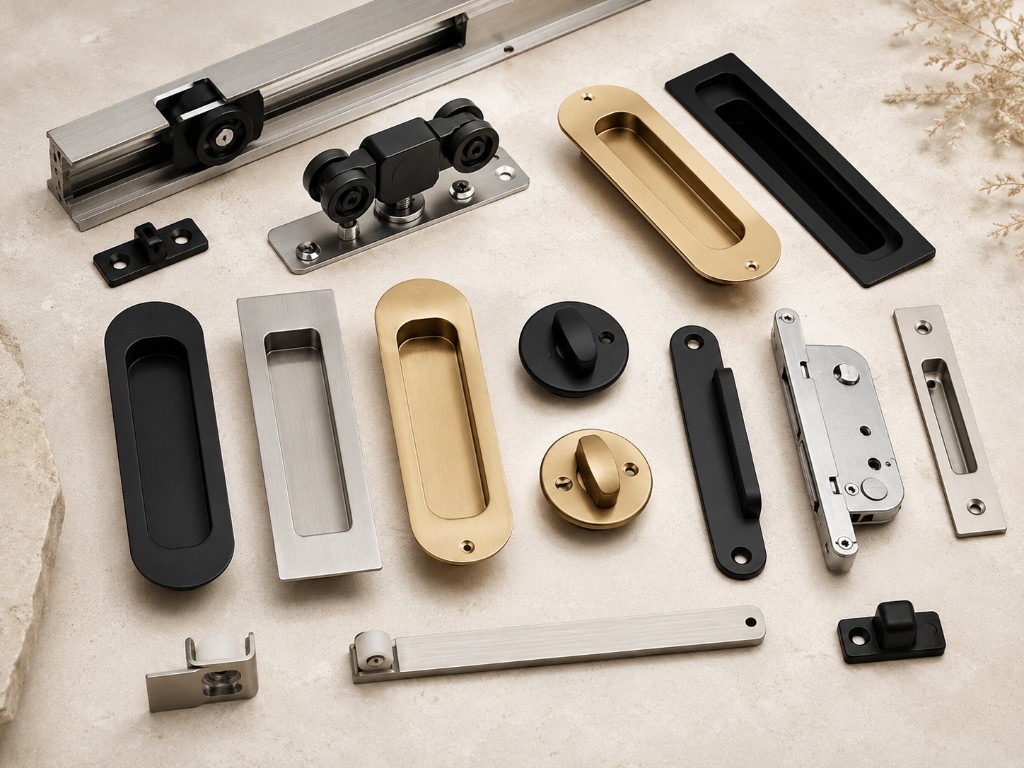 DUHAUS cavity sliding door hardware including tracks and rollers