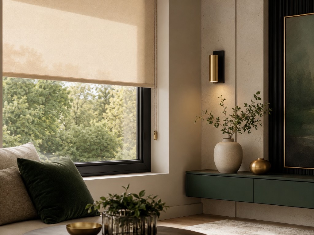 DUHAUS corded blind safety fitting installed beside an internal roller blind