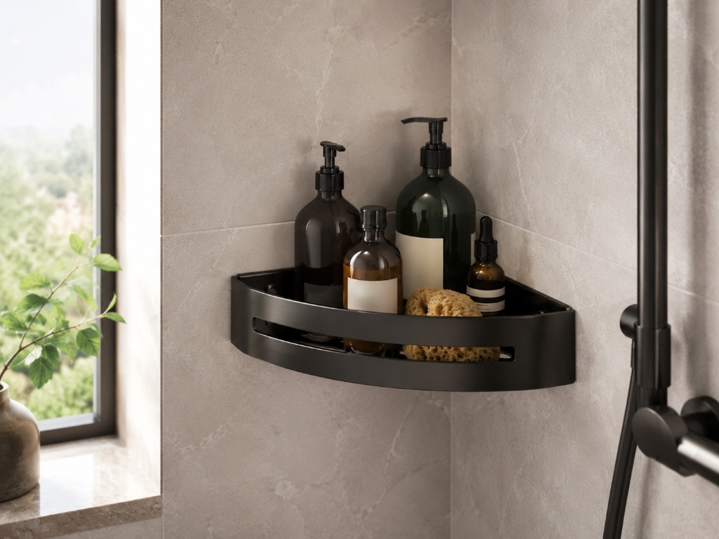 DUHAUS corner basket installed inside a premium walk-in shower