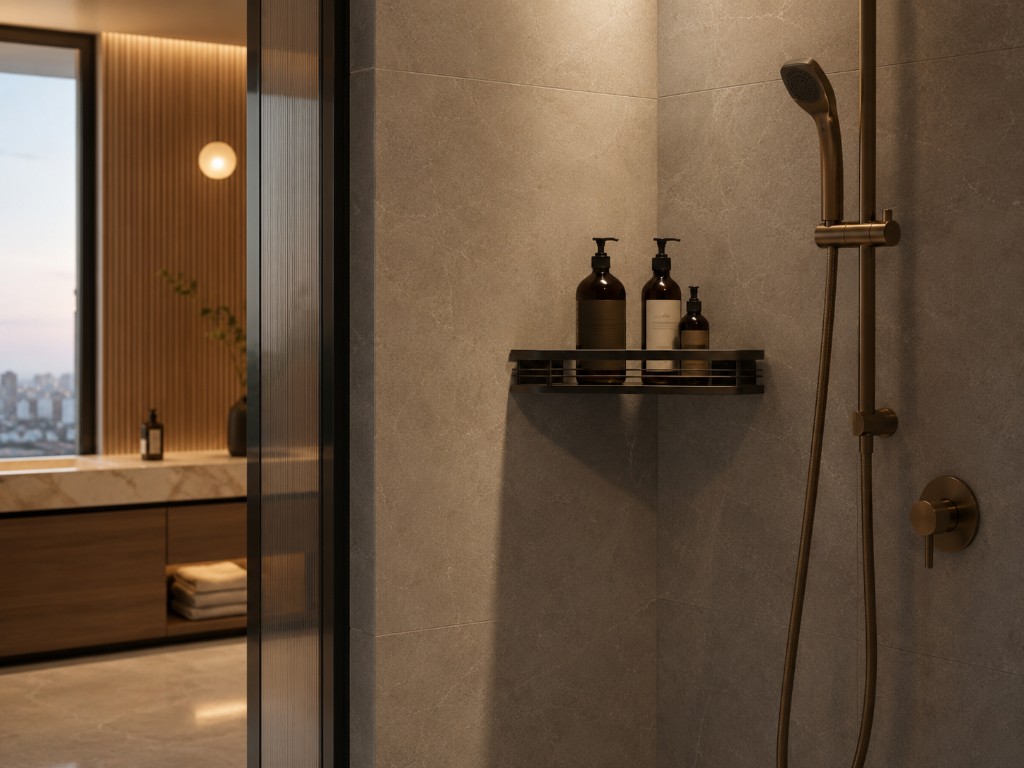 DUHAUS corner basket lifestyle scene inside a modern shower