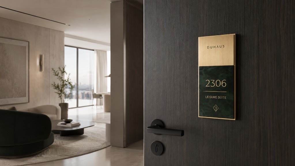 DUHAUS door sign installed on a premium interior door