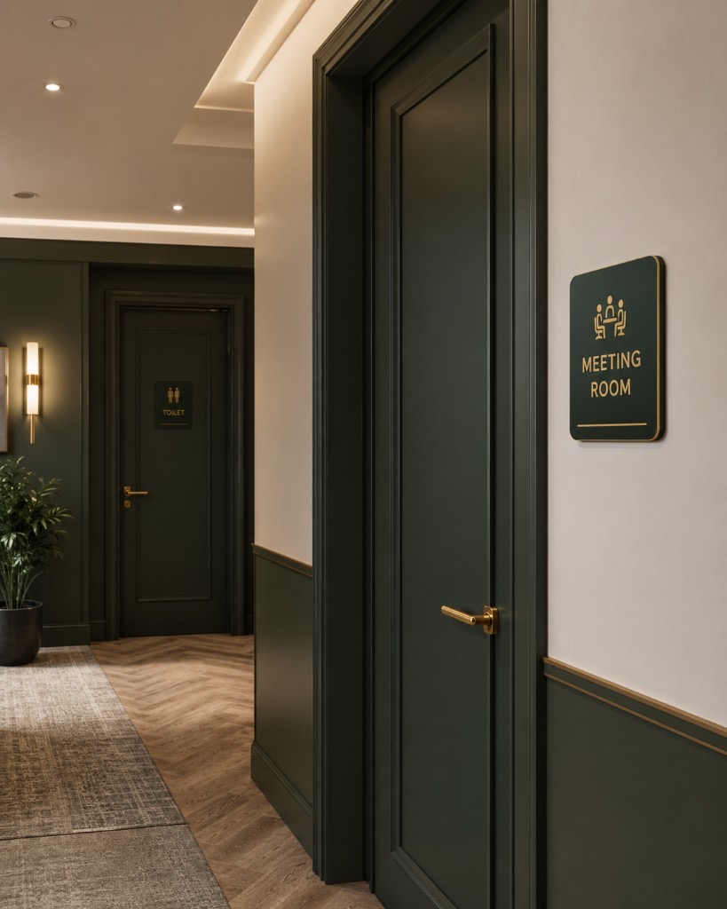 DUHAUS door sign lifestyle scene in a premium interior corridor