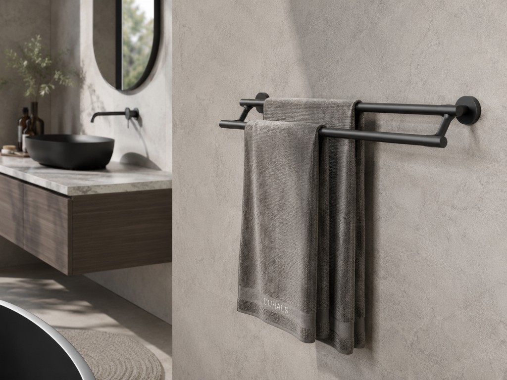 DUHAUS double towel rail installed inside a premium modern bathroom