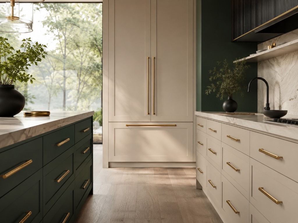 DUHAUS drawer pull lifestyle scene on dark green cabinetry