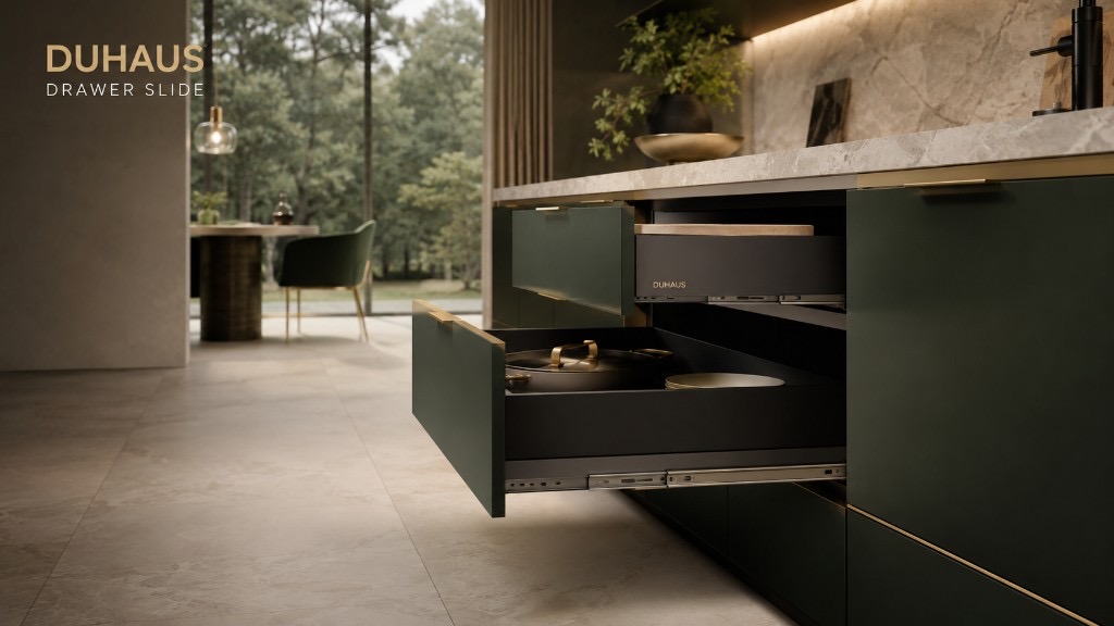 DUHAUS drawer slide lifestyle scene with open kitchen drawers
