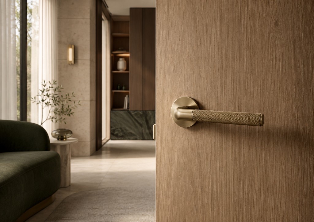 DUHAUS internal door handle installed on a warm timber interior door