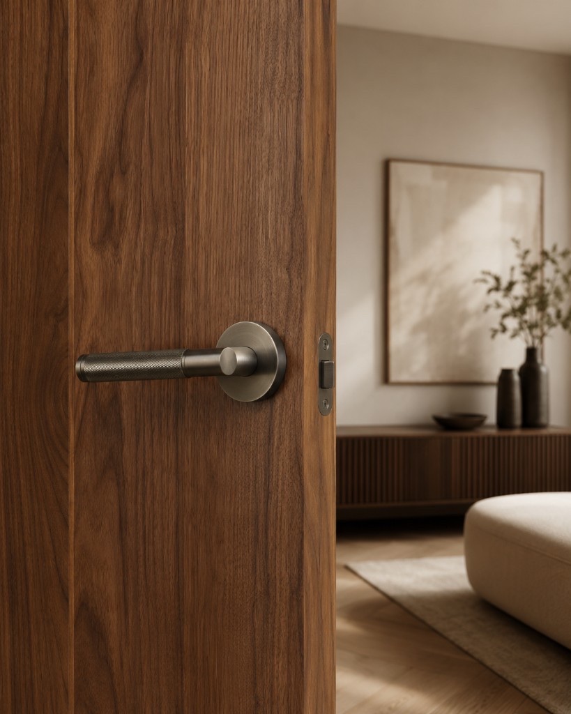 DUHAUS internal door handle installed on a timber door with warm interior background