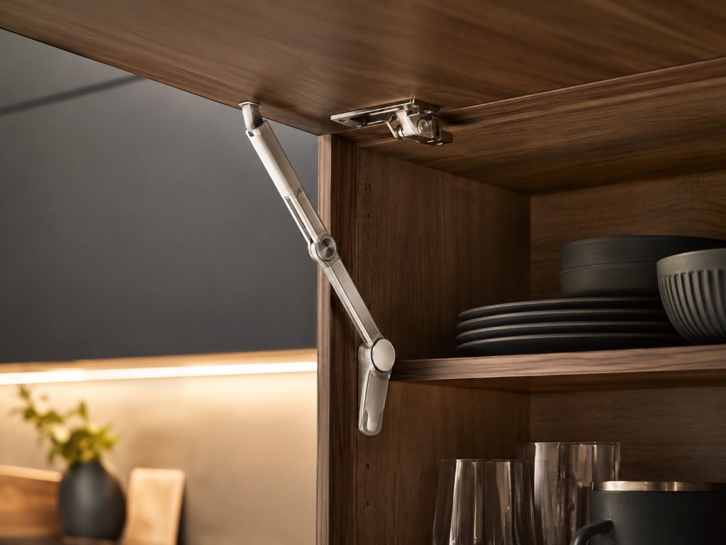 DUHAUS lift-up flap stay installed on overhead kitchen cabinet