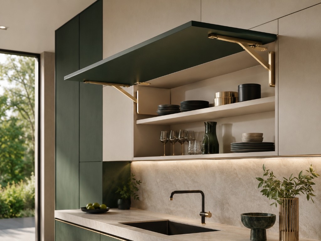 DUHAUS lift-up flap stay lifestyle scene on an open overhead kitchen cabinet