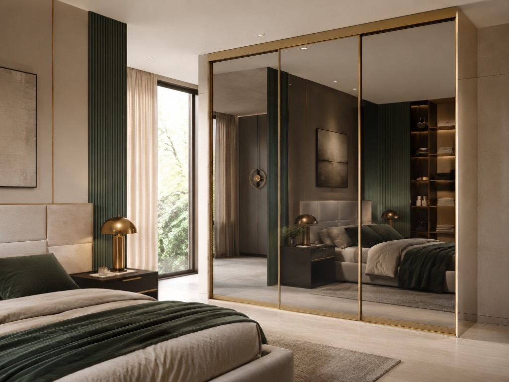 DUHAUS mirrored sliding wardrobe doors installed in a premium bedroom