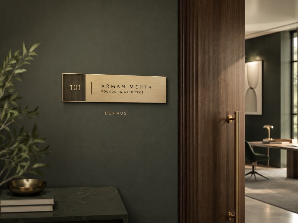 DUHAUS custom name plate installed on a premium interior door