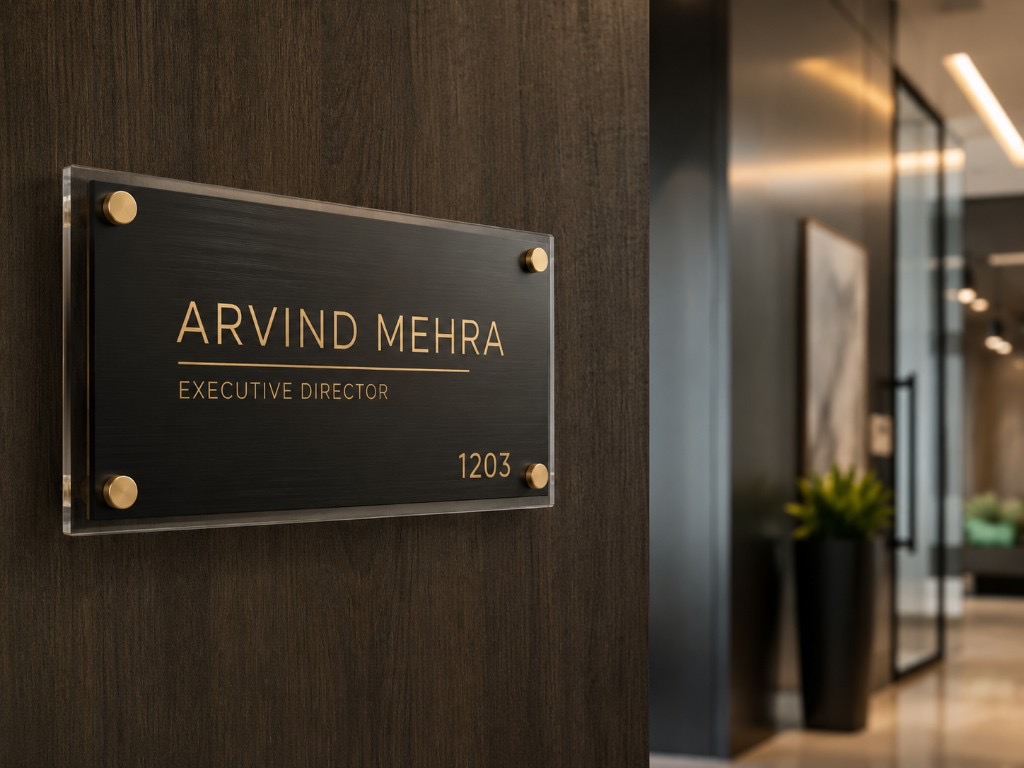 DUHAUS name plate lifestyle scene in a premium office or apartment entry