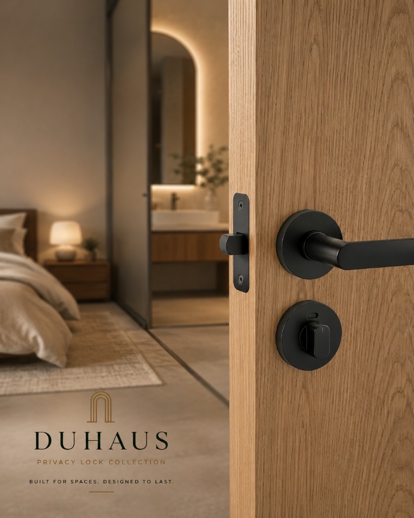 DUHAUS privacy lock installed on a modern timber bedroom or bathroom door