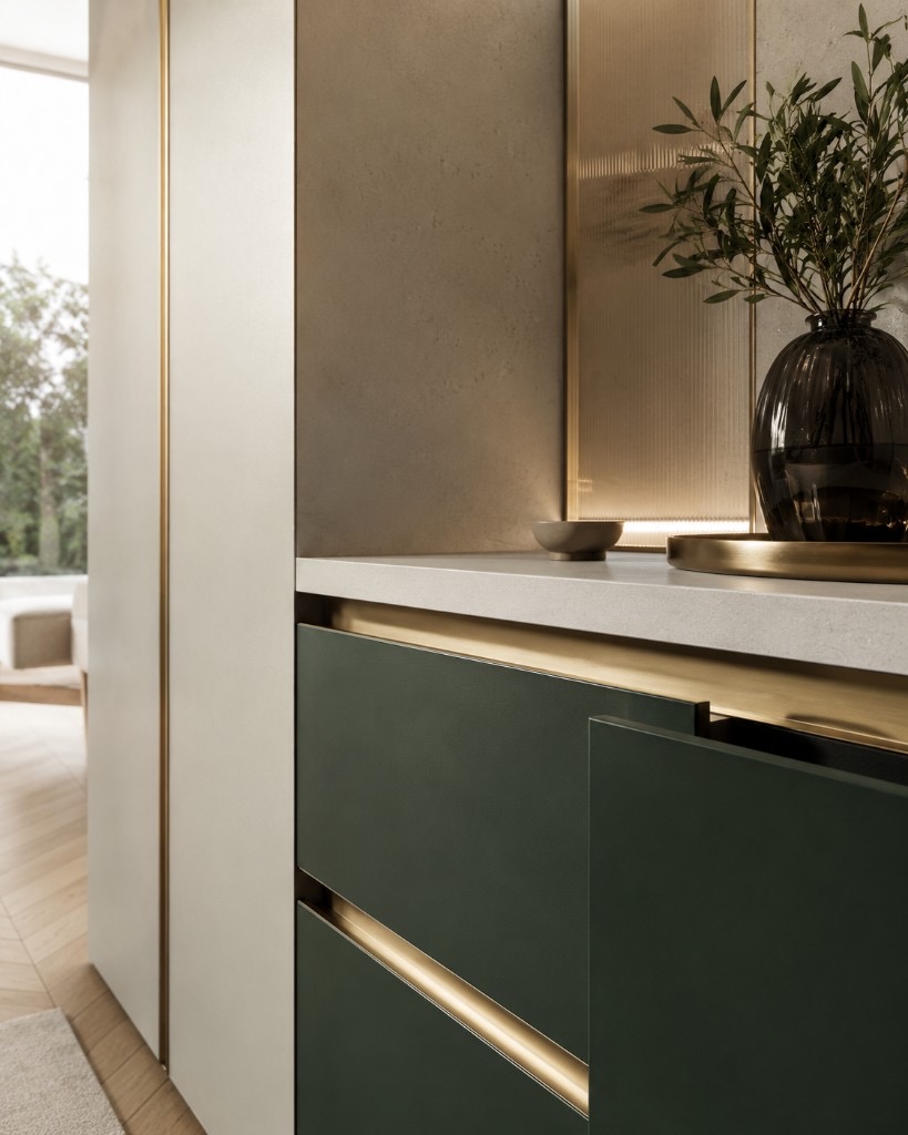 DUHAUS profile handle installed on modern handleless kitchen cabinetry