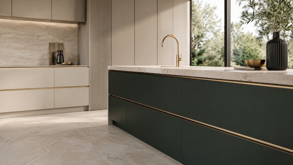 DUHAUS profile handle lifestyle scene on handleless kitchen cabinetry