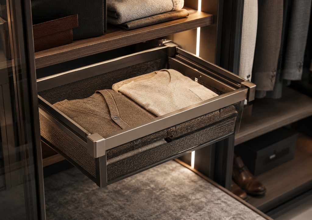 DUHAUS pull-out wardrobe basket installed in a premium wardrobe