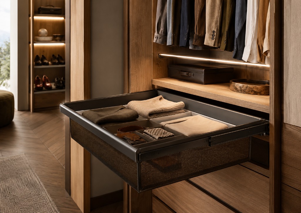 DUHAUS pull-out basket lifestyle scene inside a walk-in wardrobe