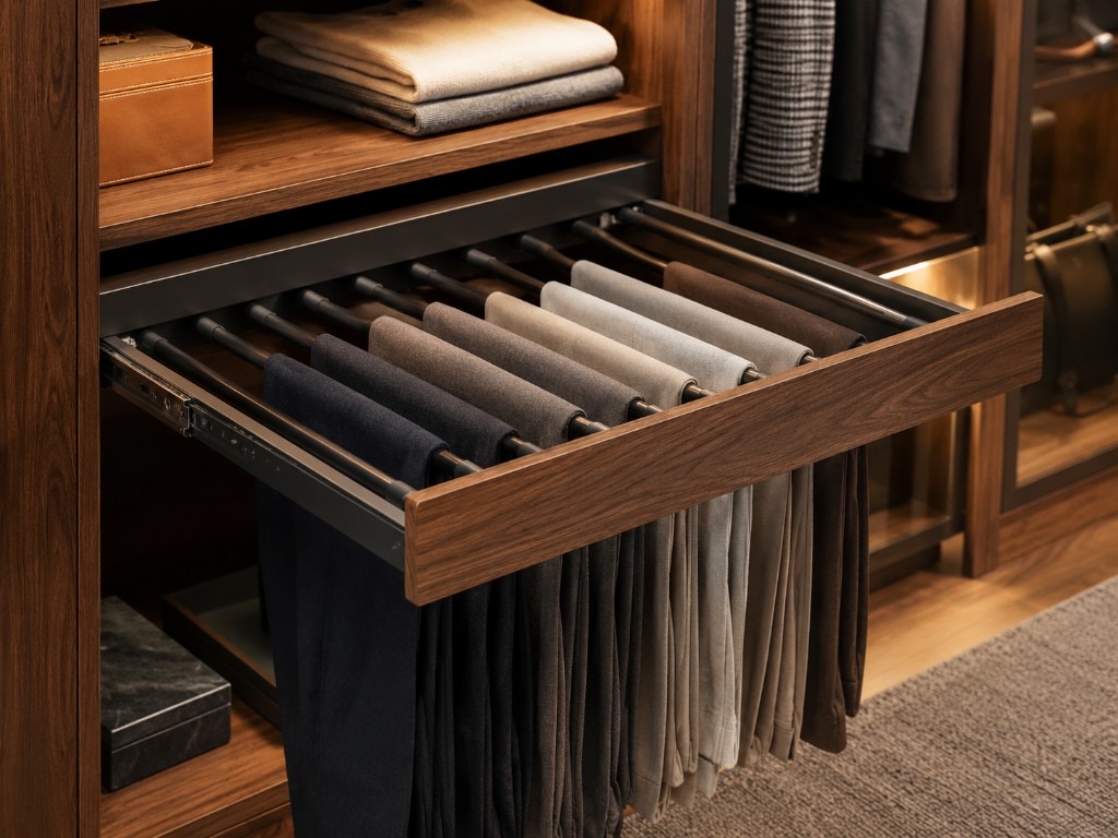DUHAUS pull-out trouser rack installed inside a premium wardrobe system