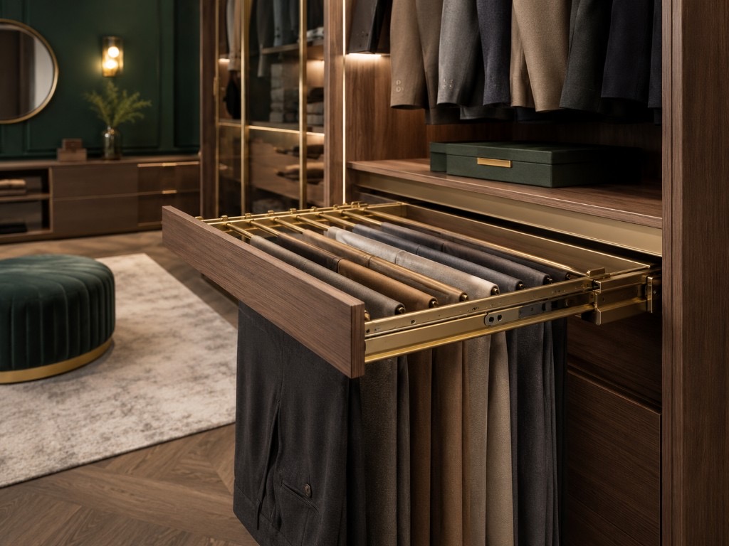 DUHAUS pull-out trouser rack lifestyle scene inside a walk-in wardrobe
