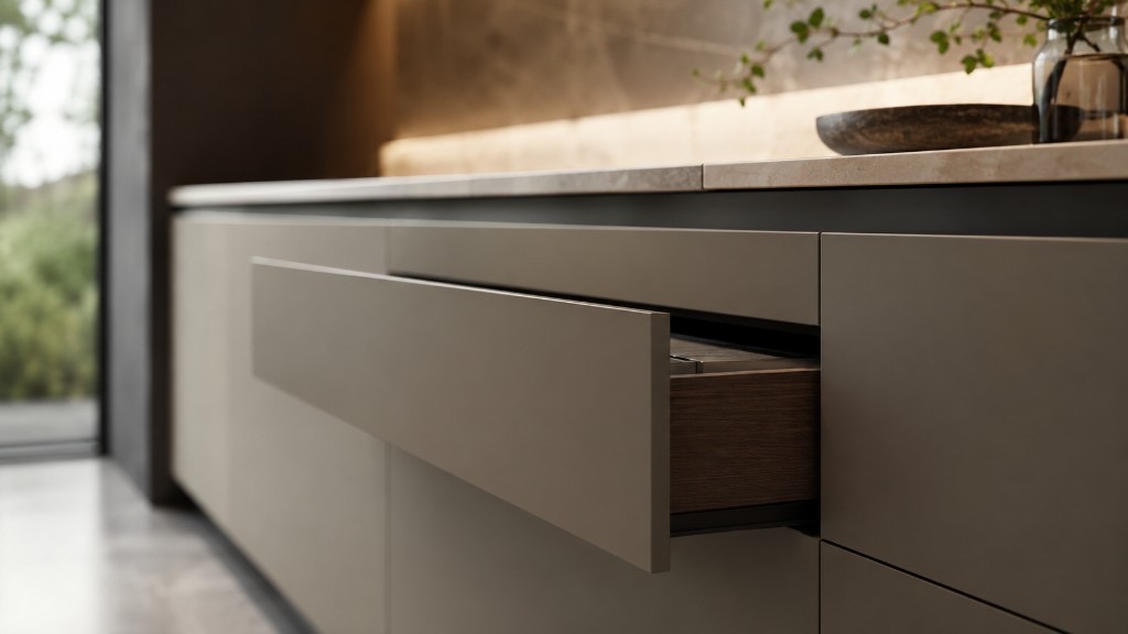 DUHAUS push-to-open system used on handleless kitchen cabinetry