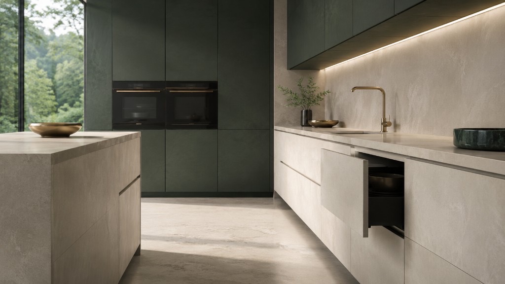 DUHAUS push-to-open system lifestyle scene on handleless kitchen drawers