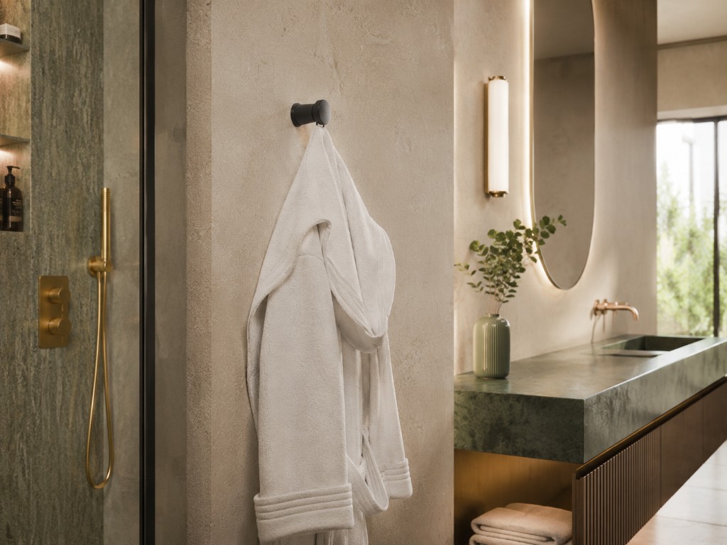 DUHAUS robe hook lifestyle scene with towels and bathroom accessories