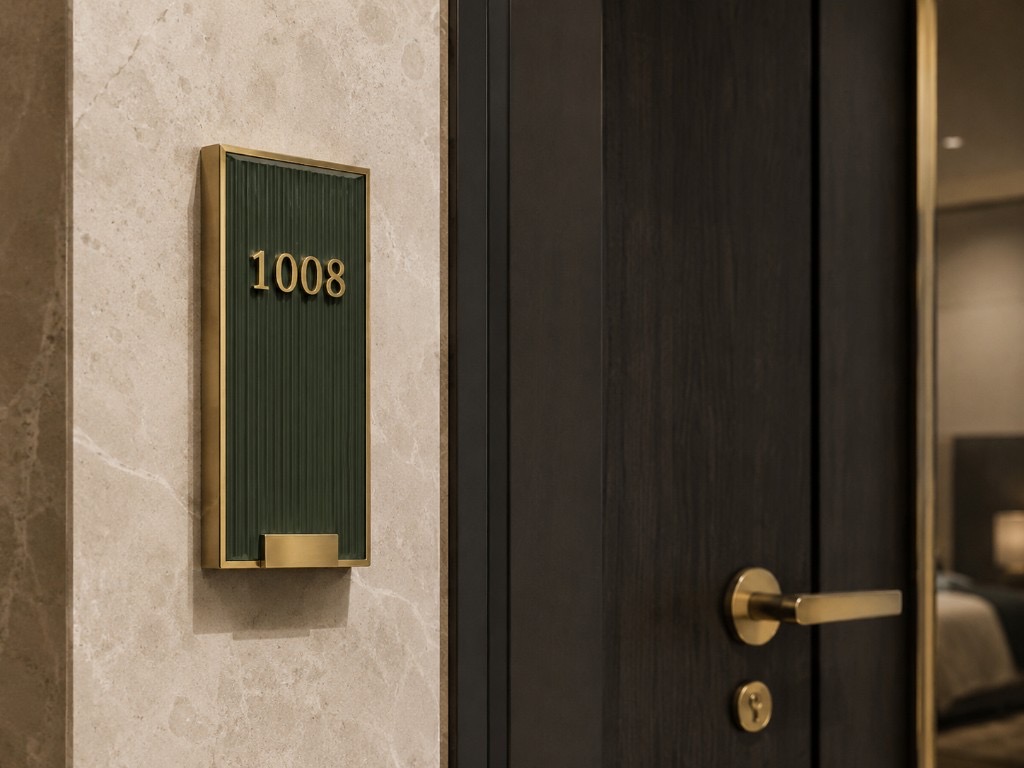 DUHAUS room number sign installed on a premium apartment or hotel door