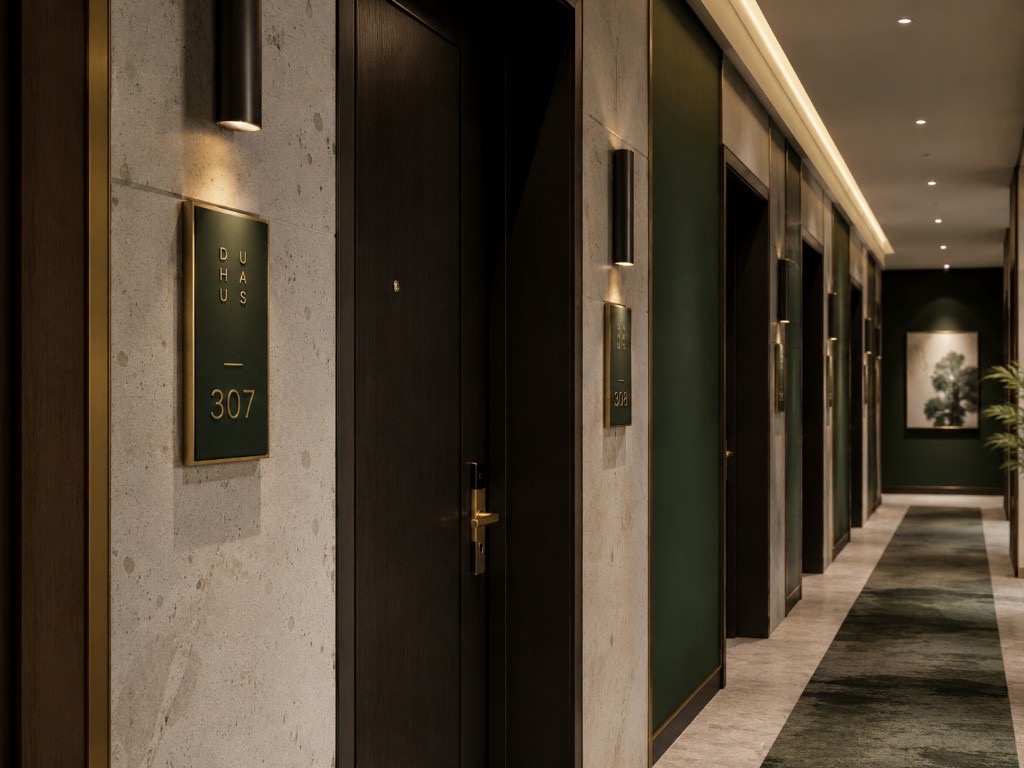 DUHAUS room number signage lifestyle scene in a premium corridor