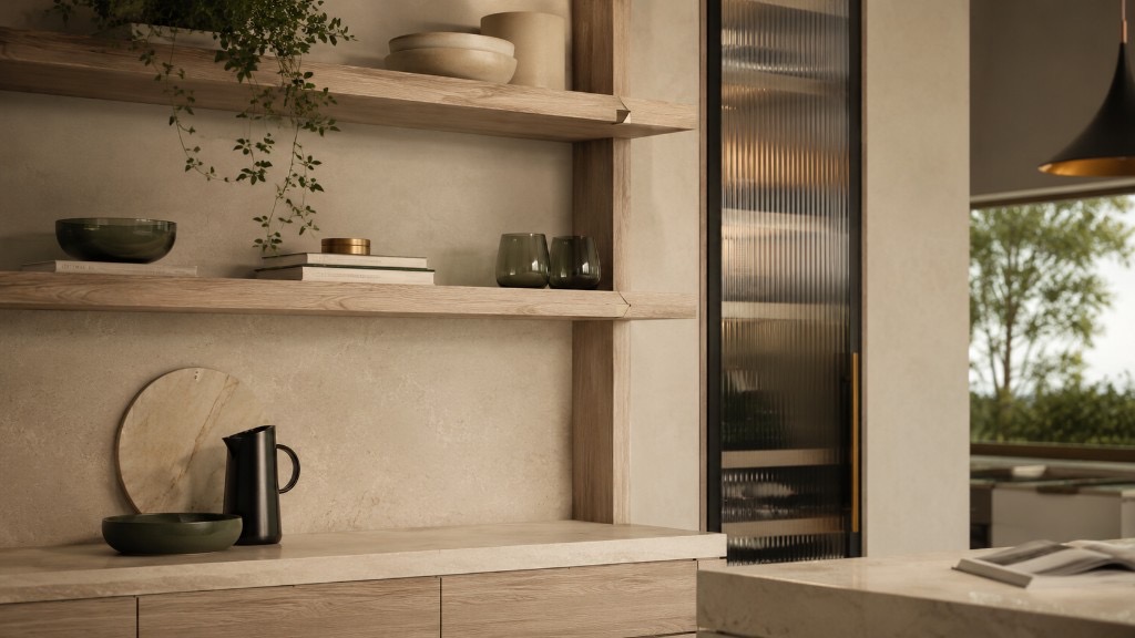 DUHAUS shelf support lifestyle scene with illuminated cabinet shelving