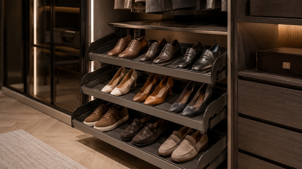 DUHAUS shoe rack installed inside a premium wardrobe system