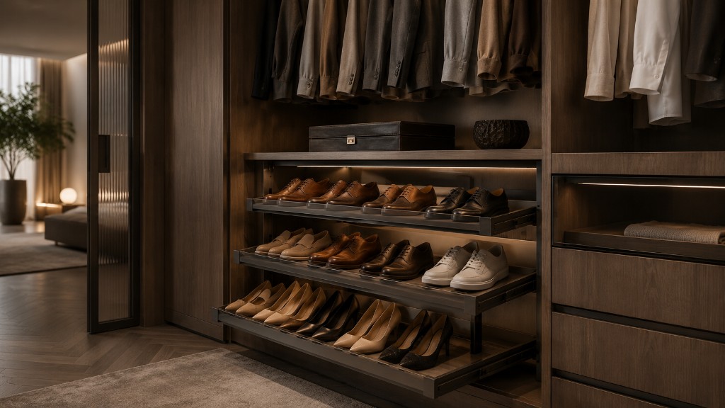 DUHAUS shoe rack lifestyle scene inside a premium walk-in wardrobe