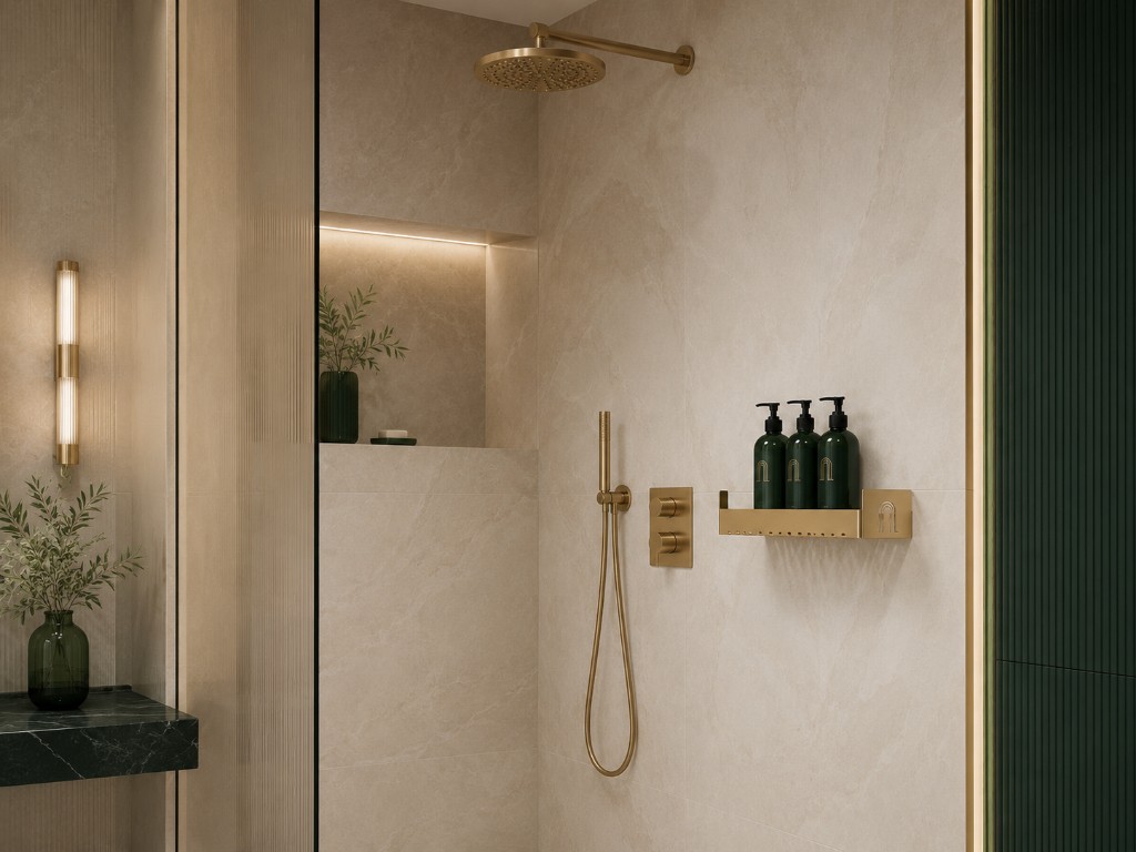 DUHAUS shower shelf installed inside a premium walk-in shower