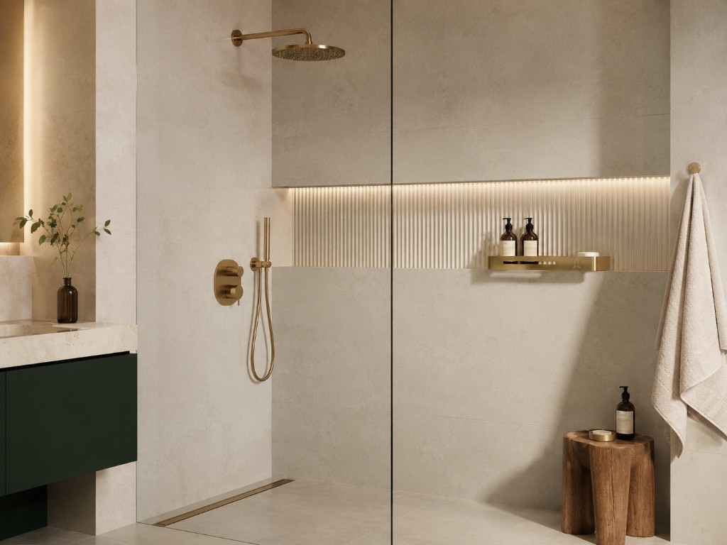 DUHAUS shower shelf lifestyle scene in a modern bathroom