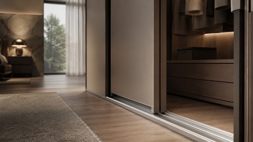 DUHAUS sliding wardrobe door track installed in a premium wardrobe system