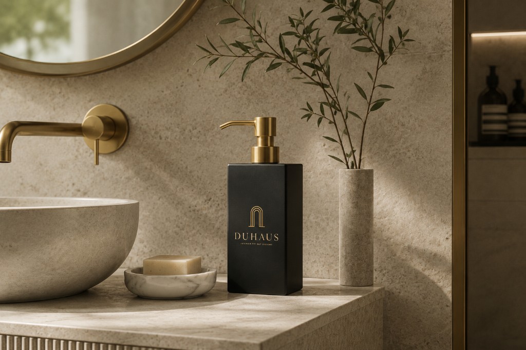 DUHAUS soap dispenser installed beside a premium bathroom basin