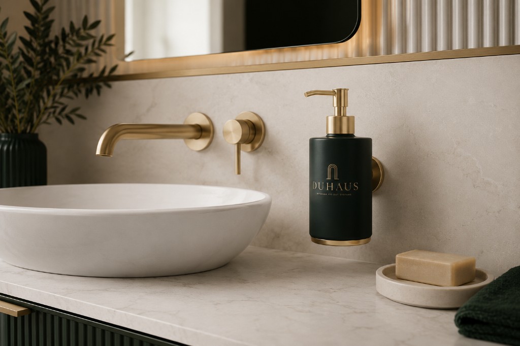 DUHAUS soap dispenser lifestyle scene inside a modern bathroom