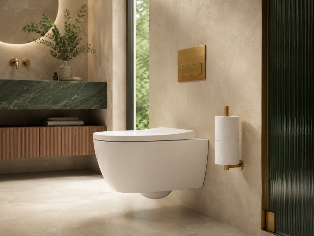 DUHAUS spare toilet roll holder installed inside a premium bathroom