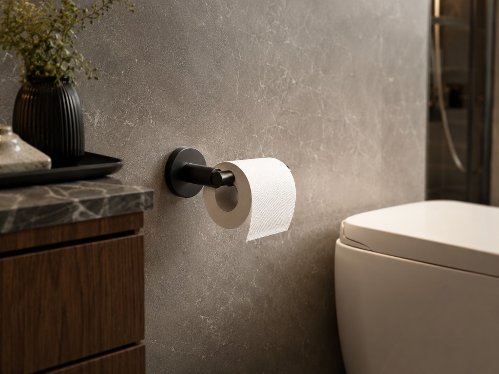DUHAUS toilet paper holder installed inside a premium modern bathroom