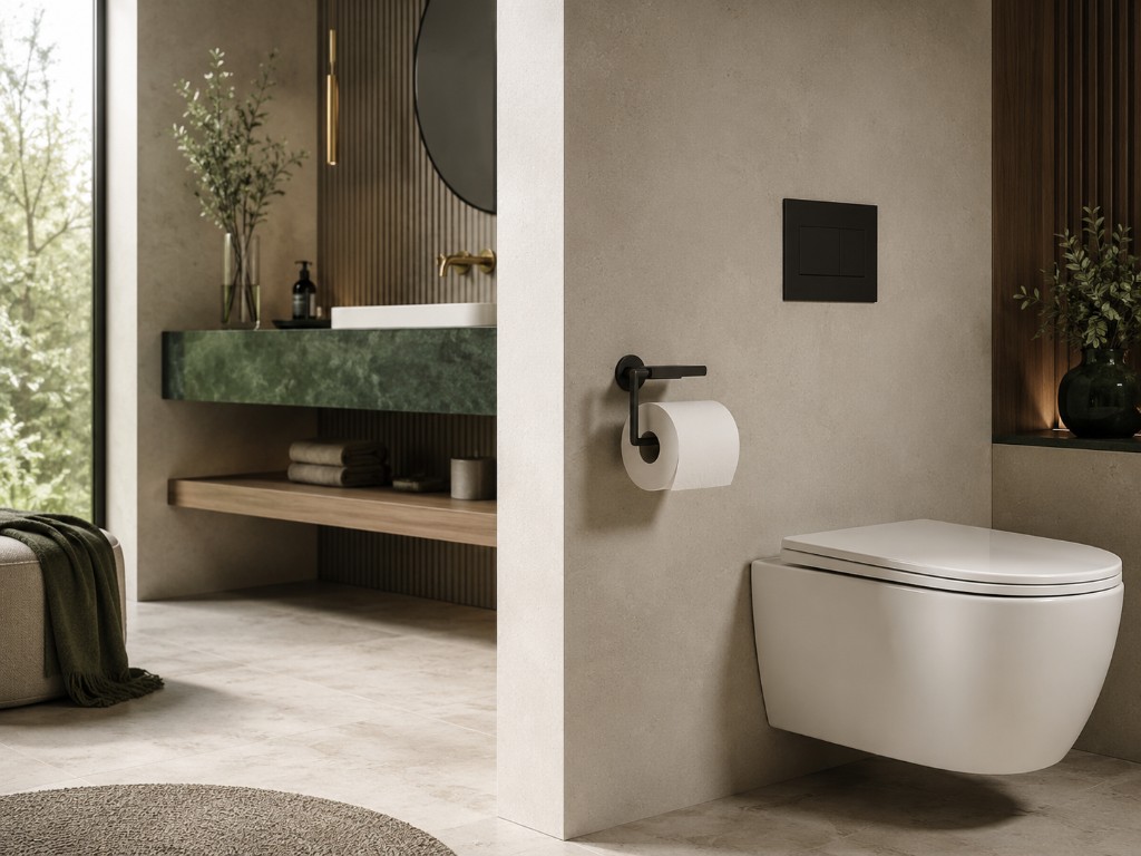 DUHAUS toilet paper holder lifestyle scene beside a modern toilet