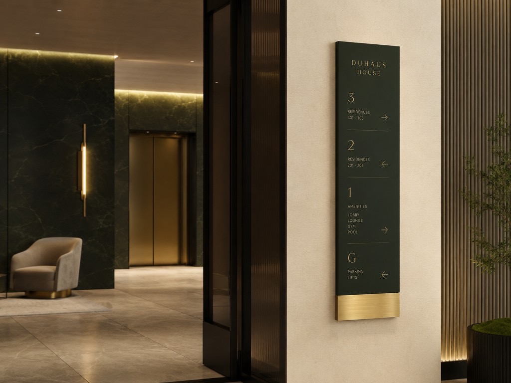 DUHAUS wayfinding sign installed in a premium lobby or corridor