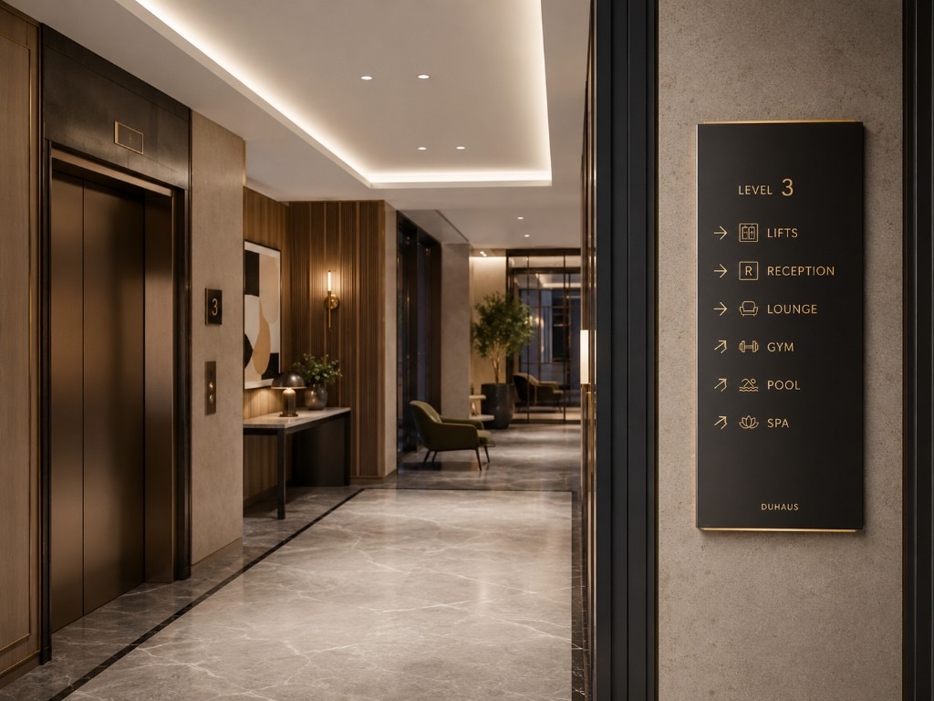 DUHAUS wayfinding signage lifestyle scene in a premium corridor